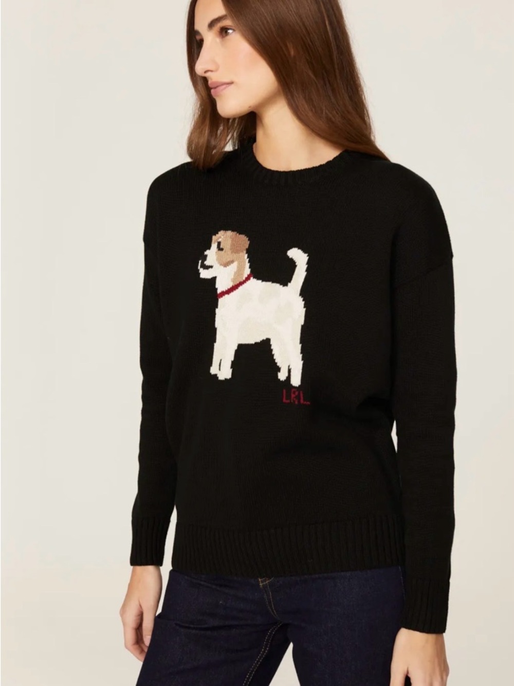 Ralph Lauren Black Crewneck Sweater with Cream & Tan Dog Intarsia - Picture 4 of 9
